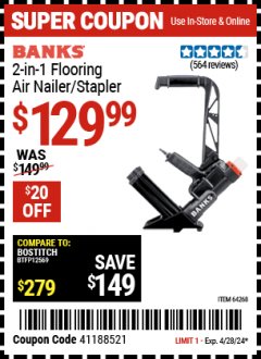 Harbor Freight Coupon 2-IN-1 FLOORING NAILER/STAPLER Lot No. 61689/97586/69703 Expired: 4/28/24 - $129.99