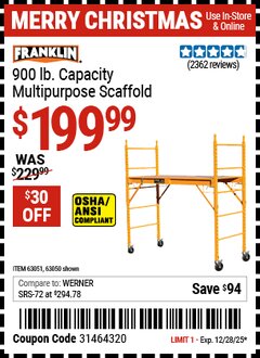 Harbor Freight Coupon FRANKLIN 900 LB. CAPACITY MULTI-PURPOSE SCAFFOLD Lot No. 63050/63051 Expired: 12/28/25 - $199.99