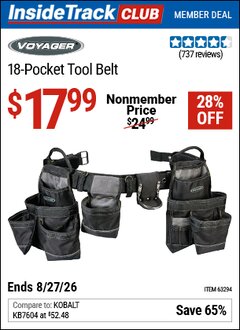 Harbor Freight ITC Coupon VOYAGER 18-POCKET TOOL BELT Lot No. 63294 Valid Thru: 8/27/26 - $17.99