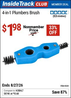 Harbor Freight ITC Coupon 4-IN-1 PLUMBERS BRUSH Lot No. 45339 Valid Thru: 8/27/26 - $1.98
