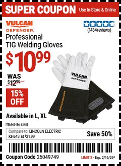 Harbor Freight Coupon VULCAN DEFENDER PROFESSIONAL TIG WELDING GLOVES Lot No. 63485/63486 Expired: 2/16/26 - $10.99