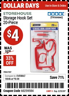 Harbor Freight Coupon STOREHOUSE STORAGE HOOK SET, 20-PIECE Lot No. 67587 Expired: 3/25/26 - $4