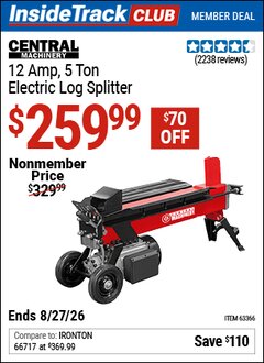 Harbor Freight ITC Coupon CENTRAL MACHINERY 12 AMP, 5 TON ELECTRIC LOG SPLITTER Lot No. 63366 Valid Thru: 8/27/26 - $259.99