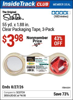 Harbor Freight ITC Coupon STIKTEK 55 YD. X 1.88 IN. CLEAR PACKAGING TAPE, 3-PACK Lot No. 63241 Valid Thru: 8/27/26 - $3.98