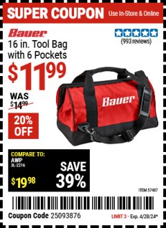 Harbor Freight Coupon HERCULES 16 IN. TOOL BAG Lot No. 63637 Expired: 4/28/24 - $11.99