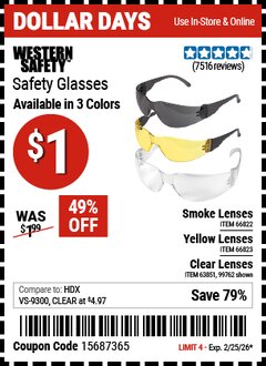 Harbor Freight Coupon WESTERN SAFETY SAFETY GLASSES Lot No. 66822/66823/99762/63851 Expired: 2/25/26 - $1