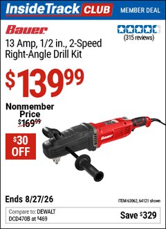 Harbor Freight ITC Coupon BAUER 13 AMP, 1/2 IN., 2-SPEED RIGHT-ANGLE DRILL KIT Lot No. 64121/63062 Valid Thru: 8/27/26 - $139.99