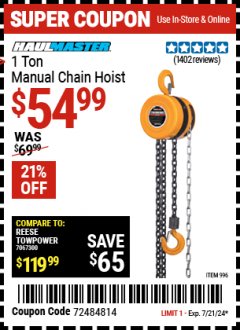 Harbor Freight Coupon 1 TON CHAIN HOIST Lot No. 69338/996 Expired: 7/21/24 - $54.99