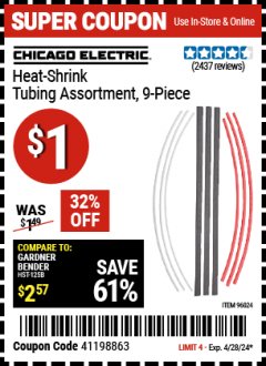 Harbor Freight Coupon 127 PIECE HEAT-SHRINK TUBING ASSORTMENT WITH CASE  Lot No. 67524 EXPIRES: 4/28/24 - $1