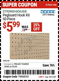 Harbor Freight Coupon STOREHOUSE PEGBOARD HOOK KIT, 50-PIECE Lot No. 67581 Expired: 10/11/26 - $5.99