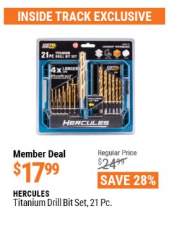 Harbor Freight ITC Coupon HERCULES 21 PIECE TITANIUM DRILL BIT SET Lot No. 63384 Expired: 4/29/21 - $17.99