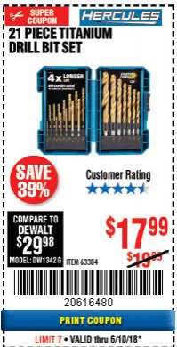 Harbor Freight Coupon HERCULES 21 PIECE TITANIUM DRILL BIT SET Lot No. 63384 Expired: 6/10/18 - $17.99