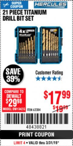 Harbor Freight Coupon HERCULES 21 PIECE TITANIUM DRILL BIT SET Lot No. 63384 Expired: 3/31/19 - $17.99