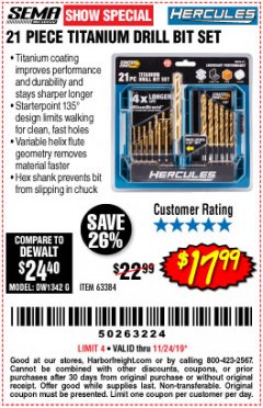Harbor Freight Coupon HERCULES 21 PIECE TITANIUM DRILL BIT SET Lot No. 63384 Expired: 11/24/19 - $17.99