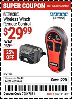 Harbor Freight Coupon BADLAND WIRELESS WINCH REMOTE CONTROL Lot No. 69229 Expired: 10/11/26 - $29.99