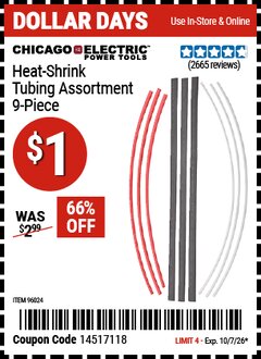 Harbor Freight Coupon CHICAGO ELECTRIC HEAT-SHRINK TUBING ASSORTMENT, 9-PIECE Lot No. 96024 Expired: 10/7/26 - $1