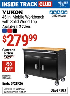 Harbor Freight ITC Coupon YUKON 46 IN. MOBILE WORKBENCH WITH SOLID WOOD TOP Lot No. 64012/57779/57780 Expired: 5/28/26 - $279.99