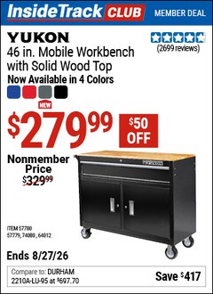 Harbor Freight ITC Coupon YUKON 46 IN. MOBILE WORKBENCH WITH SOLID WOOD TOP Lot No. 64012/57779/57780 Valid Thru: 8/27/26 - $279.99
