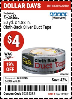 Harbor Freight Coupon STIKTEK 50 YD. X 1.88 IN. CLOTH-BACK SILVER DUCT TAPE Lot No. 63242 Expired: 10/7/26 - $4