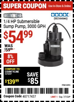 Harbor Freight Coupon 1/4 HP SUBMERSIBLE SUMP PUMP WITH TETHER FLOAT Lot No. 63892 Expired: 7/7/24 - $54.99