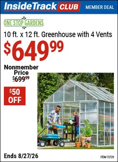 Harbor Freight ITC Coupon ONE STOP GARDENS 10 FT. X 12 FT. GREENHOUSE WITH 4 VENTS Lot No. 93358/63353 Valid Thru: 8/27/26 - $649.99