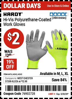 Harbor Freight Coupon HARDY HI-VIS POLYURETHANE-COATED WORK GLOVES Lot No. 64242/64243/64474 Valid Thru: 5/20/26 - $2