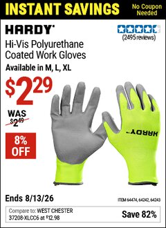 Harbor Freight Coupon HARDY HI-VIS POLYURETHANE-COATED WORK GLOVES Lot No. 64242/64243/64474 Valid Thru: 6/13/26 - $2.29