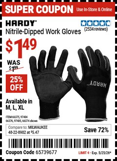 Harbor Freight Coupon HARDY NITRILE-DIPPED WORK GLOVES Lot No. 66374/66375/97404/66376/97405 Valid Thru: 5/25/26 - $1.49