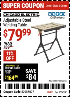 Harbor Freight Coupon ADJUSTABLE STEEL WELDING TABLE Lot No. 63069/61369 Expired: 5/26/24 - $79.99