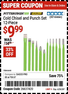 Harbor Freight Coupon PITTSBURGH PRO COLD CHISEL AND PUNCH SET, 12-PIECE Lot No. 66440 Valid Thru: 4/26/26 - $9.99