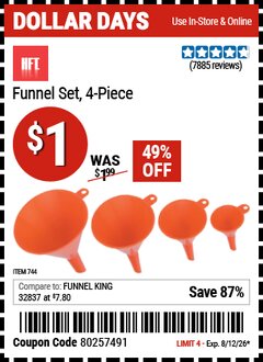 Harbor Freight Coupon HFT FUNNEL SET, 4-PIECE Lot No. 744 Expired: 8/12/26 - $1