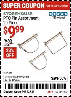 Harbor Freight Coupon STOREHOUSE PTO PIN ASSORTMENT, 20-PIECE Lot No. 67534 Expired: 10/11/26 - $9.99