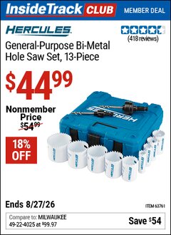 Harbor Freight ITC Coupon HERCULES GENERAL-PURPOSE BI-METAL HOLE SAW SET, 13-PIECE Lot No. 63761 Valid Thru: 8/27/26 - $44.99