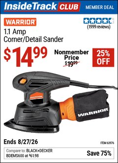 Harbor Freight ITC Coupon WARRIOR 1.1 AMP CORNER/DETAIL SANDER Lot No. 63976 Expired: 8/27/26 - $14.99