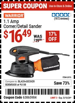 Harbor Freight Coupon WARRIOR 1.1 AMP CORNER/DETAIL SANDER Lot No. 63976 Expired: 5/10/26 - $16.49