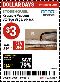 Harbor Freight Coupon VACUUM STORAGE BAGS PACK OF THREE Lot No. 63037/61242/95613 Expired: 8/14/24 - $3