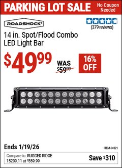 Harbor Freight Coupon ROADSHOCK 14 IN. SPOT/FLOOD COMBO LED LIGHT BAR Lot No. 64321 Expired: 12/31/69 - $49.99