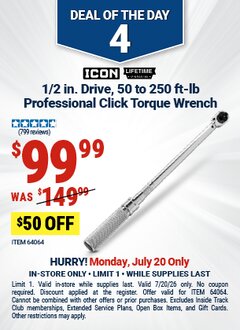 Harbor Freight Coupon ICON 1/2 IN. DRIVE, 50 TO 250 FT-LB PROFESSIONAL CLICK TORQUE WRENCH Lot No. 64064 Expired: 7/20/26 - $99.99