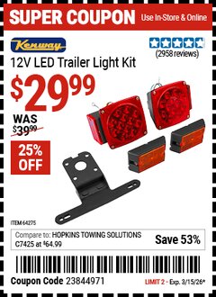 Harbor Freight Coupon KENWAY 12V LED TRAILER LIGHT KIT Lot No. 64275 Expired: 3/15/26 - $29.99