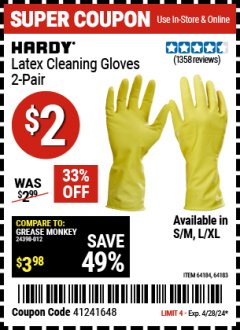 Harbor Freight Coupon LATEX CLEANING GLOVES 2 PAIR Lot No. 64184/64183 Expired: 4/28/24 - $2