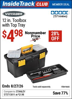 Harbor Freight ITC Coupon VOYAGER 12 IN. TOOLBOX WITH TOP TRAY Lot No. 96602 Valid Thru: 8/27/26 - $4.98