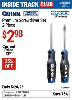 Harbor Freight ITC Coupon QUINN PREMIUM SCREWDRIVER SET, 2-PIECE Lot No. 64547 Expired: 5/28/26 - $2.98