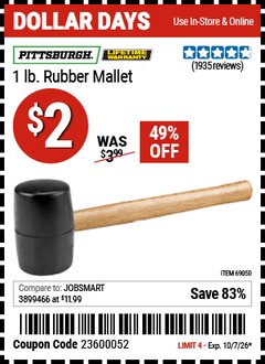 Harbor Freight Coupon PITTSBURGH 1 LB. RUBBER MALLET Lot No. 69050 Expired: 10/7/26 - $2