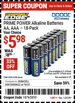 Harbor Freight Coupon THUNDERBOLT EDGE PRIME POWER ALKALINE BATTERIES Lot No. 64490/64490/64491/64492/64493 Expired: 1/25/26 - $5.98