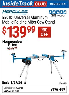 Harbor Freight ITC Coupon HERCULES 550 LB. UNIVERSAL ALUMINUM MOBILE FOLDING MITER SAW STAND Lot No. 64751 Expired: 8/27/26 - $139.99