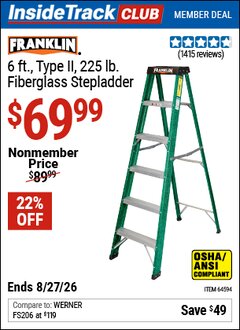 Harbor Freight ITC Coupon FRANKLIN 6 FT., TYPE II, 225 LB. FIBERGLASS STEPLADDER Lot No. 64594 Expired: 8/27/26 - $69.99