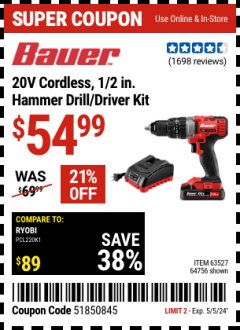 Harbor Freight Coupon 1/2" COMPACT HAMMER DRILL KIT Lot No. 64756/63527 Expired: 5/5/24 - $54.99