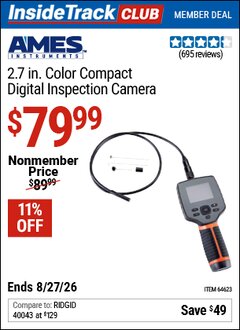 Harbor Freight ITC Coupon AMES INSTRUMENTS 2.7 IN. COLOR COMPACT DIGITAL INSPECTION CAMERA Lot No. 64623 Valid Thru: 8/27/26 - $79.99