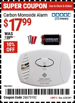 Harbor Freight Coupon FIRST ALERT CARBON MONOXIDE ALARM Lot No. 70031 Valid Thru: 4/26/26 - $17.99