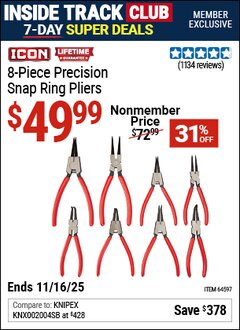 Harbor Freight ITC Coupon ICON PRECISION SNAP RING PLIERS, 8-PIECE Lot No. 64597 Expired: 11/16/25 - $49.99